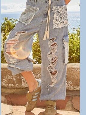POL Distressed Crochet Pocket Denim Pants - Light Blue